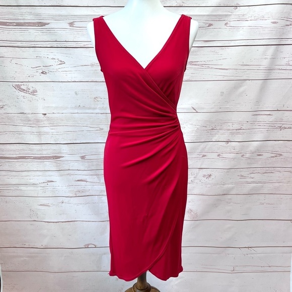 Vintage Tadashi Shoji Asymmetrical Ruched Faux Wrap Surplice Stretch Dress - Picture 1 of 10